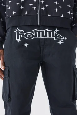 Relaxed Crotch Print Cargo Trouser With Hem Detail | BoohooMAN UK