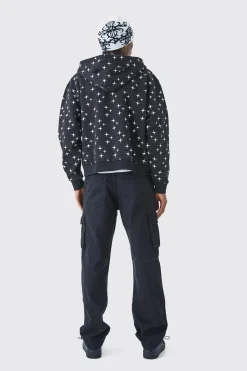 Relaxed Crotch Print Cargo Trouser With Hem Detail | BoohooMAN UK