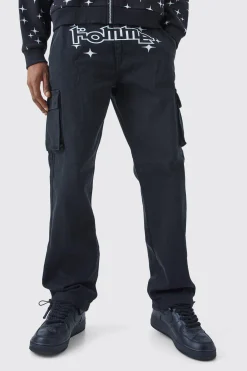 Relaxed Crotch Print Cargo Trouser With Hem Detail | BoohooMAN UK