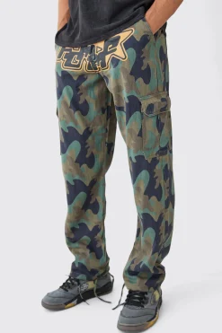 Relaxed Crotch Print Tie Hem Camo Cargo Trouser | BoohooMAN UK