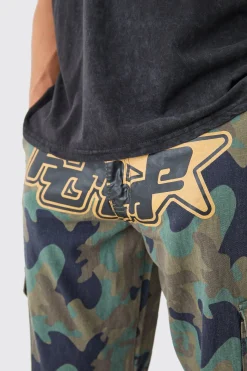 Relaxed Crotch Print Tie Hem Camo Cargo Trouser | BoohooMAN UK