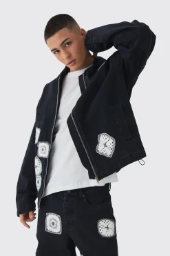 Relaxed Denim Zip Through Crochet Hoodie | BoohooMAN UK