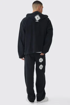 Relaxed Denim Zip Through Crochet Hoodie | BoohooMAN UK