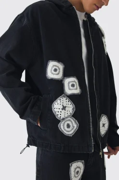 Relaxed Denim Zip Through Crochet Hoodie | BoohooMAN UK