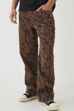 Relaxed Fit Abstract Flock Turn Up Hem Jeans | BoohooMAN UK