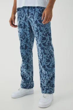 Relaxed Fit Abstract Flock Turn Up Hem Jeans | BoohooMAN UK