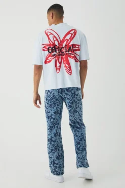 Relaxed Fit Abstract Flock Turn Up Hem Jeans | BoohooMAN UK