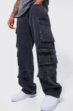 Relaxed Fit Acid Wash Cargo Jeans | BoohooMAN UK