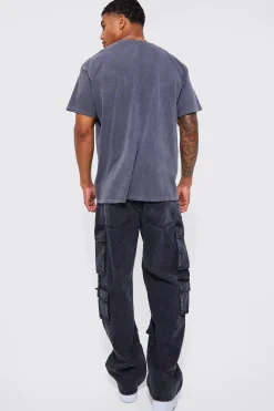 Relaxed Fit Acid Wash Cargo Jeans | BoohooMAN UK