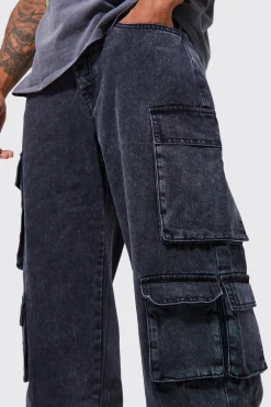 Relaxed Fit Acid Wash Cargo Jeans | BoohooMAN UK