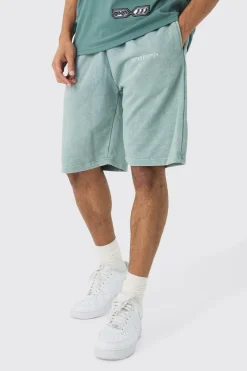 Relaxed Fit Acid Washed Long Length Shorts | BoohooMAN UK