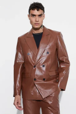 Relaxed Fit Double Breasted Pu Blazer | BoohooMAN UK