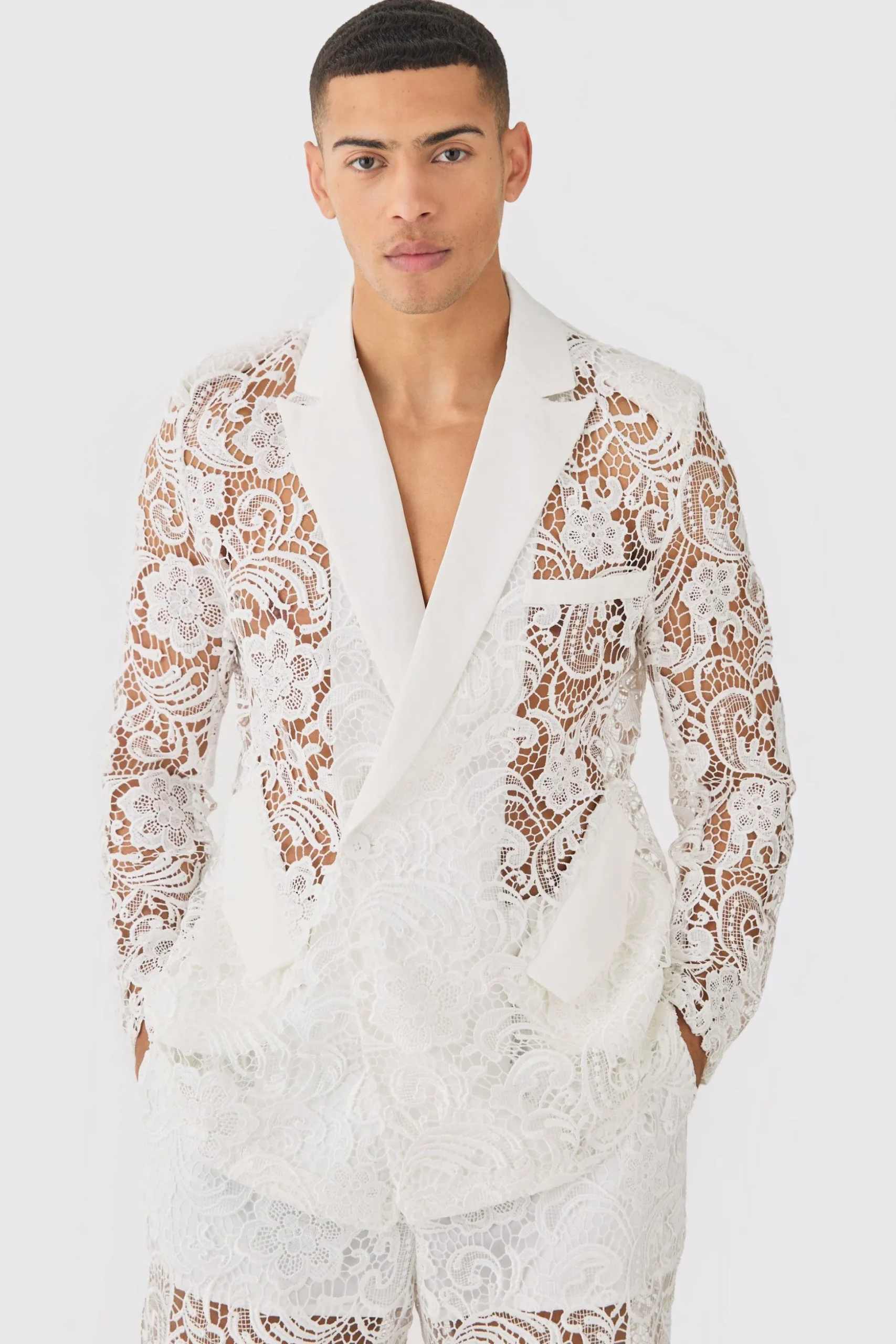 Relaxed Fit Double Breasted Lace Blazer | BoohooMAN UK