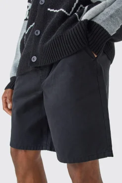 Relaxed Fit Elasticated Waist Chino Shorts In Black | BoohooMAN UK