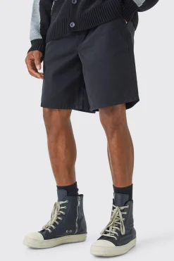 Relaxed Fit Elasticated Waist Chino Shorts In Black | BoohooMAN UK
