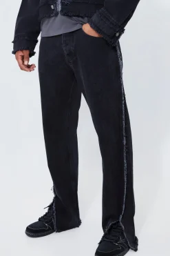 Relaxed Fit Frayed Seam Jeans With Split Hem | BoohooMAN UK