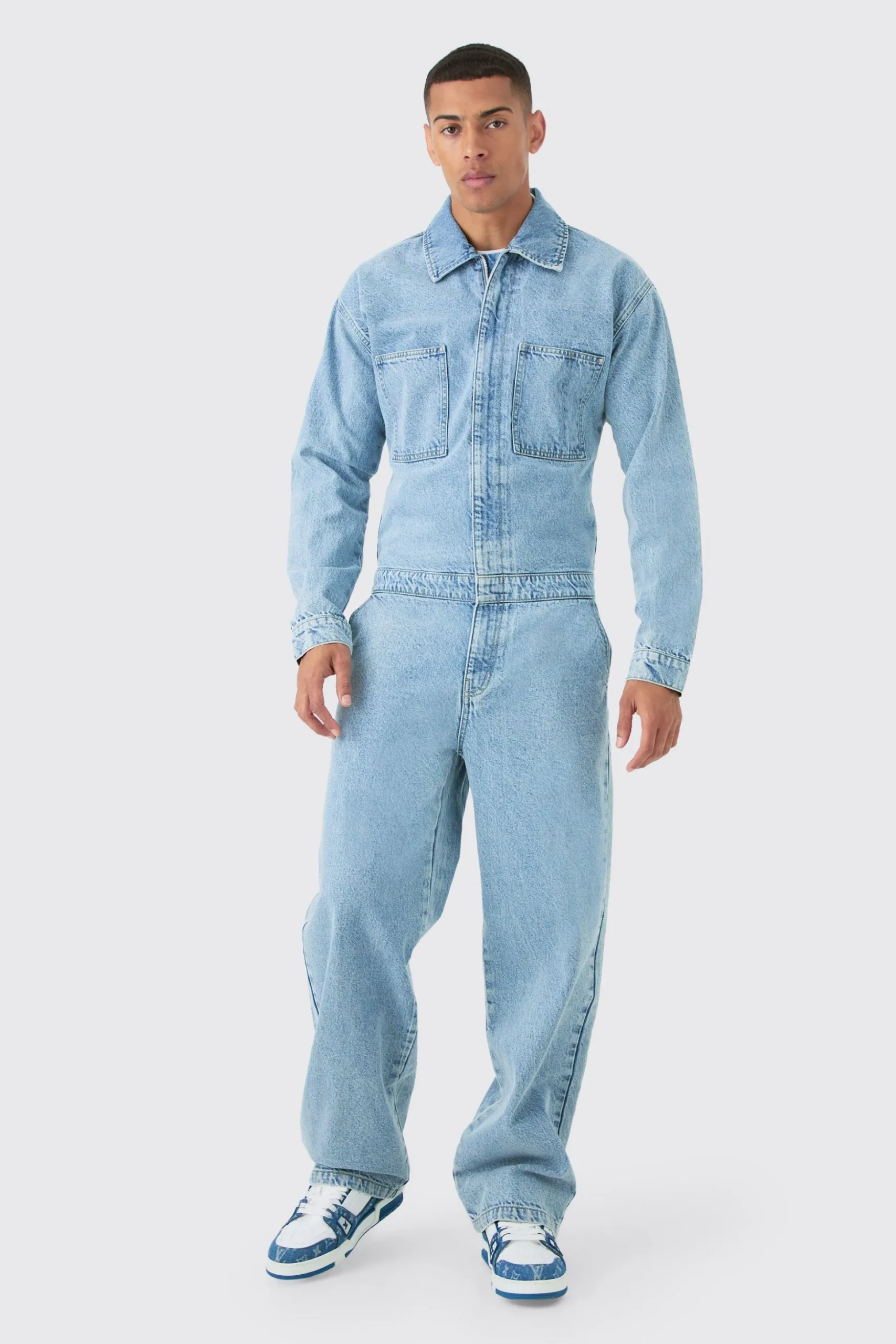 Relaxed Fit Long Sleeve Denim Jumpsuit In Light Blue | BoohooMAN UK
