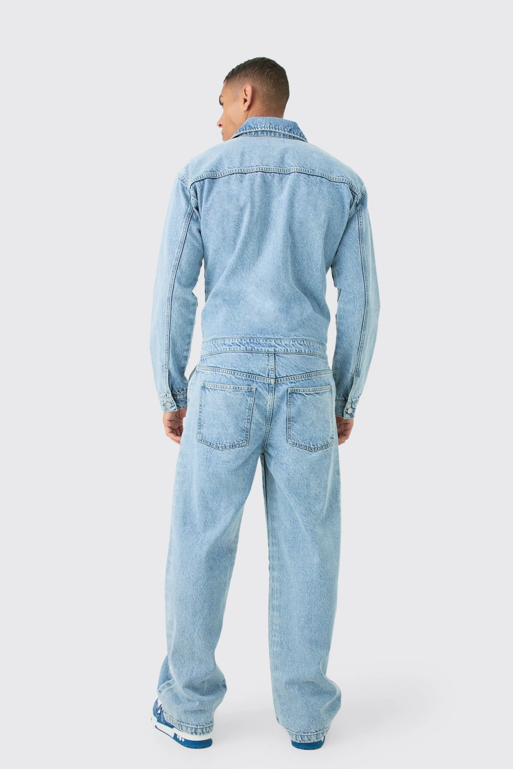 Relaxed Fit Long Sleeve Denim Jumpsuit In Light Blue | BoohooMAN UK