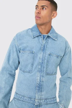 Relaxed Fit Long Sleeve Denim Jumpsuit In Light Blue | BoohooMAN UK