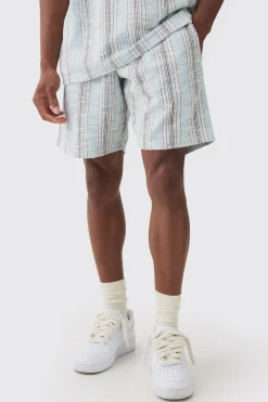 Relaxed Fit Mid Length Boucle Stripe Shorts | BoohooMAN UK