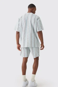 Relaxed Fit Mid Length Boucle Stripe Shorts | BoohooMAN UK