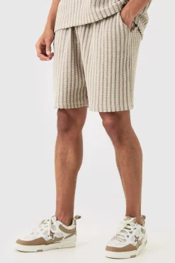 Relaxed Fit Mid Length Striped Textured Short | BoohooMAN UK