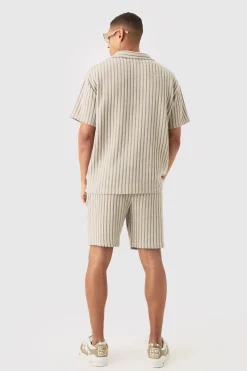 Relaxed Fit Mid Length Striped Textured Short | BoohooMAN UK