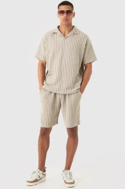 Relaxed Fit Mid Length Striped Textured Short | BoohooMAN UK