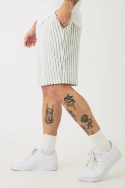 Relaxed Fit Mid Length Striped Textured Short | BoohooMAN UK