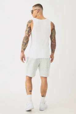 Relaxed Fit Mid Length Striped Textured Short | BoohooMAN UK