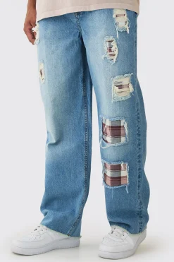 Relaxed Fit Rip & Repair Check Patchwork Jeans | BoohooMAN UK