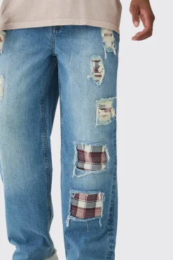 Relaxed Fit Rip & Repair Check Patchwork Jeans | BoohooMAN UK