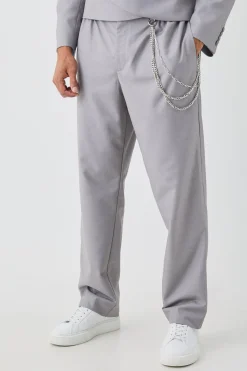 Relaxed Fit Tailored Trouser With Chain In Grey | BoohooMAN UK