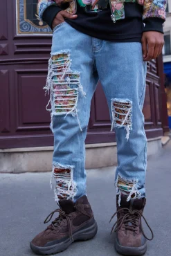 Relaxed Fit Tapestry Rip & Repair Jeans | BoohooMAN UK