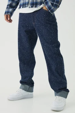 Relaxed Fit Textured Indigo Turn Up Hem Jeans | BoohooMAN UK