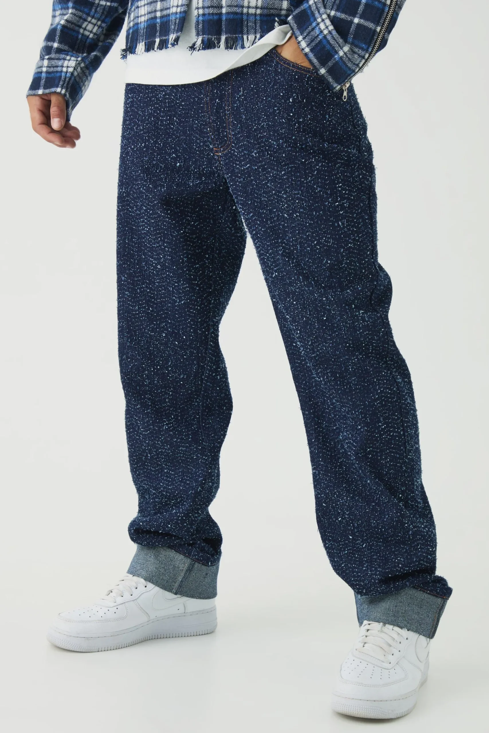 Relaxed Fit Textured Indigo Turn Up Hem Jeans | BoohooMAN UK