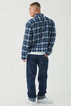 Relaxed Fit Textured Indigo Turn Up Hem Jeans | BoohooMAN UK