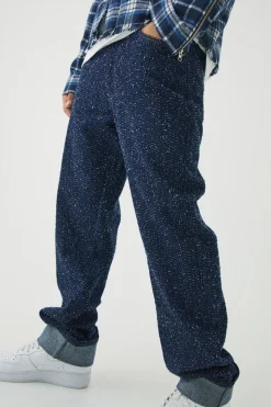 Relaxed Fit Textured Indigo Turn Up Hem Jeans | BoohooMAN UK