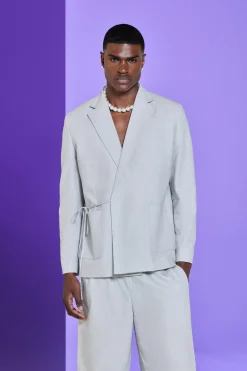 Relaxed Fit Tie Front Linen Blazer In Grey | BoohooMAN UK