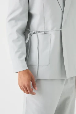 Relaxed Fit Tie Front Linen Blazer In Grey | BoohooMAN UK