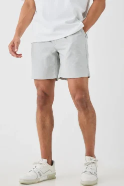 Relaxed Fit Tie Waistband Tailored Linen Shorts In Grey | BoohooMAN UK