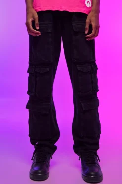 Relaxed Fit Washed Multi Pocket Cargo Jeans | BoohooMAN UK