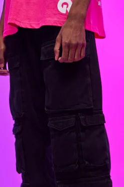 Relaxed Fit Washed Multi Pocket Cargo Jeans | BoohooMAN UK