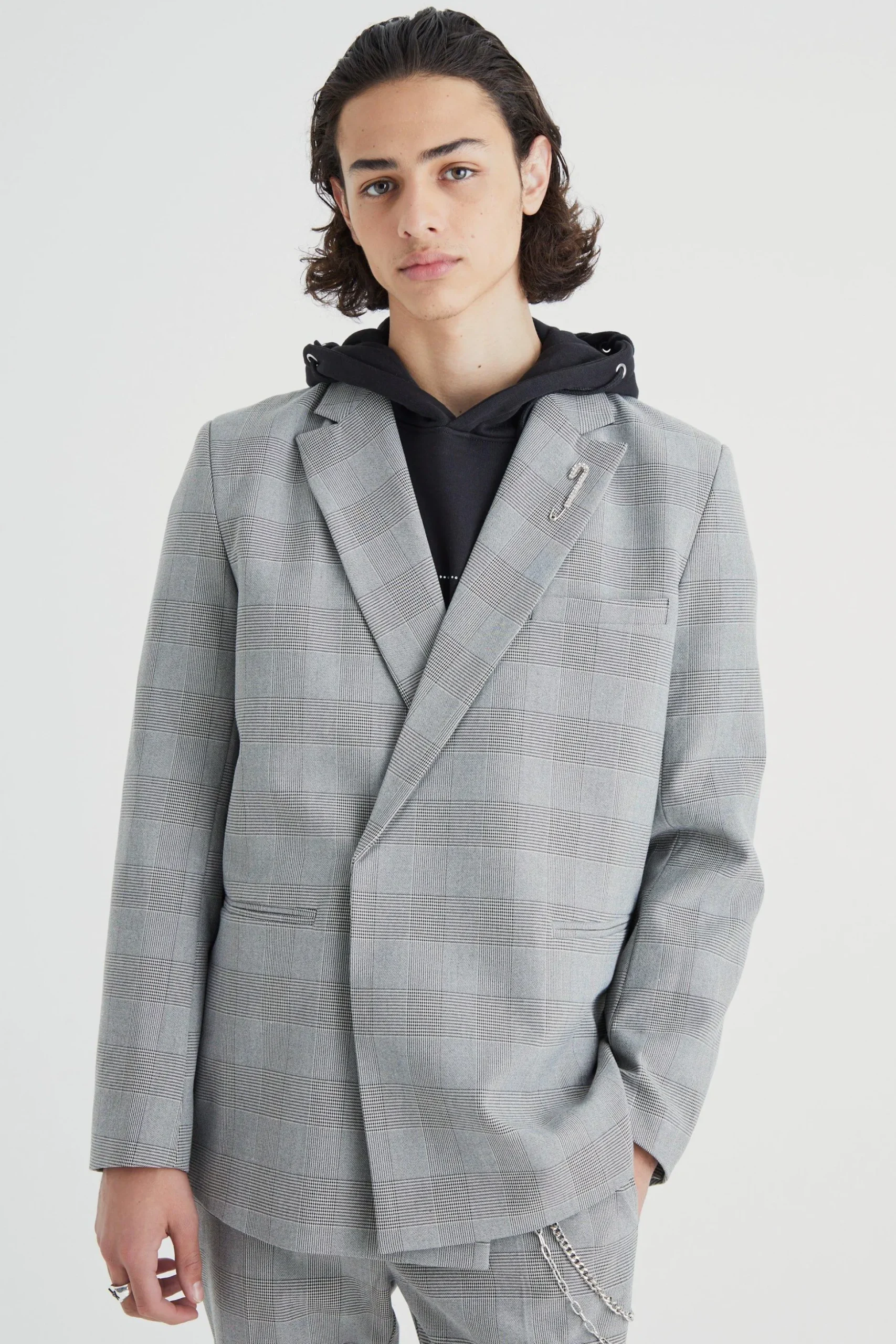 Relaxed Fit Wrap Front Pow Check Blazer | BoohooMAN UK