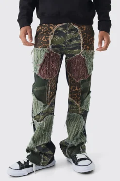 Relaxed Flare Distressed Camo Patchwork Twill Trousers | BoohooMAN UK