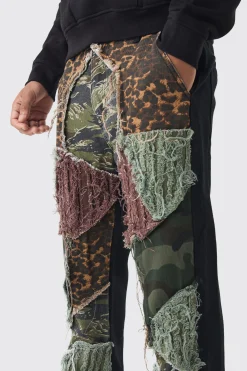 Relaxed Flare Distressed Camo Patchwork Twill Trousers | BoohooMAN UK