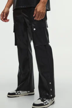 Relaxed Flare Pu Popper Hem Cargo Trousers | BoohooMAN UK