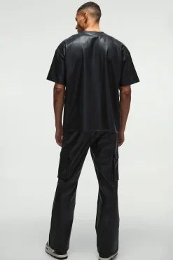 Relaxed Flare Pu Popper Hem Cargo Trousers | BoohooMAN UK