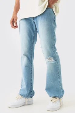 Relaxed Flare Rigid Knee Rip Snow Wash Denim Jean | BoohooMAN UK