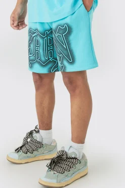 Relaxed Gothic Man Graffiti Spray Short | BoohooMAN UK
